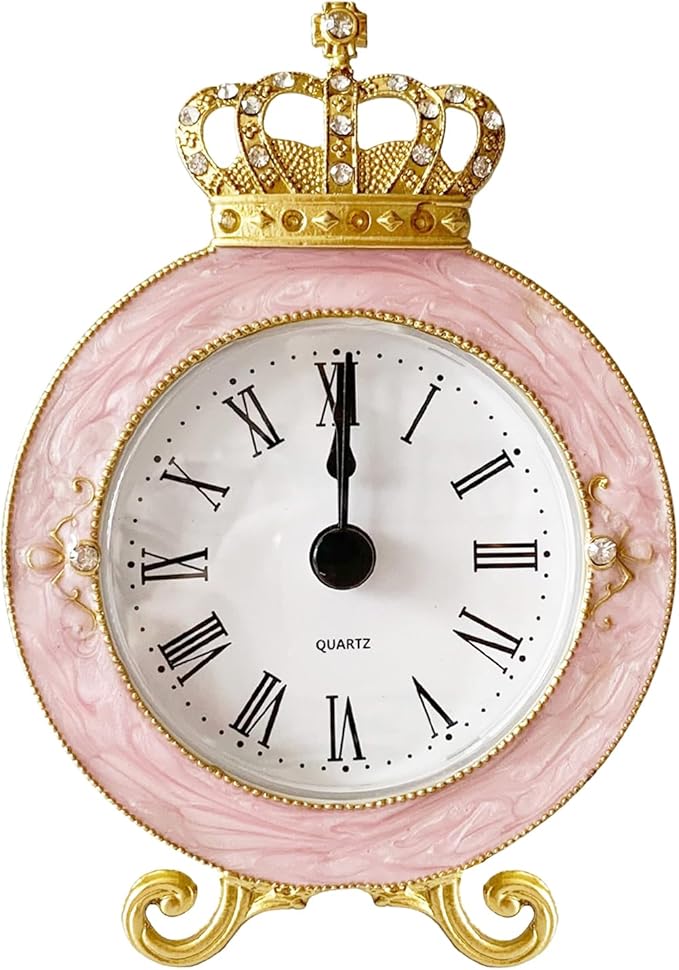 Vintage Mini Analog Table Clock, Silent Crown Table Clock with Hand-Painted Metal Body and Battery Operated Non-Ticking Core for Shelf, Living Room, Bedroom, Bedside, Desk
