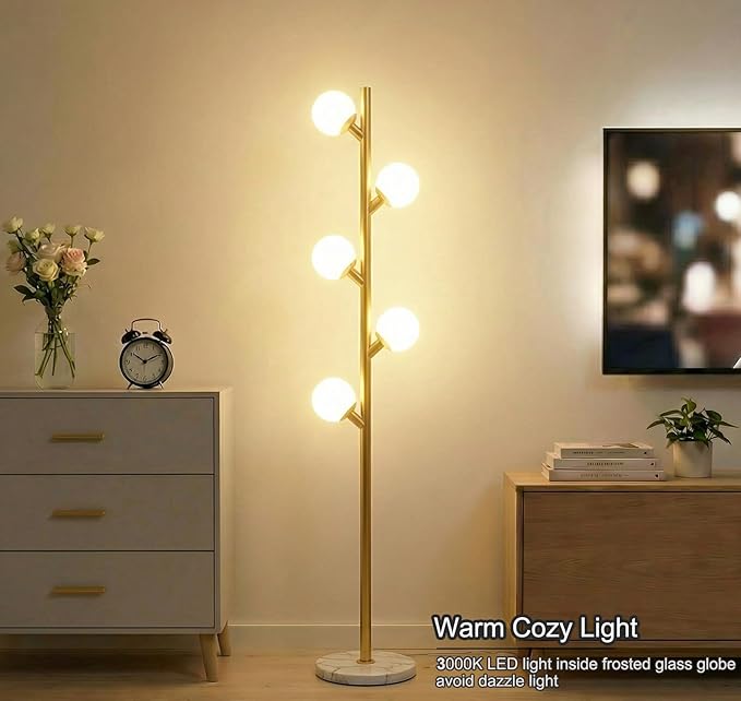 Fiqevs 5 Globe Floor Lamp for Living Room, Mid Century Gold Modern Standing Lamp with Orb Frosted Glass Shade and 5 LED Bulbs, Elegant Tree Tall Lamp for Bedroom Office - Antique Brass