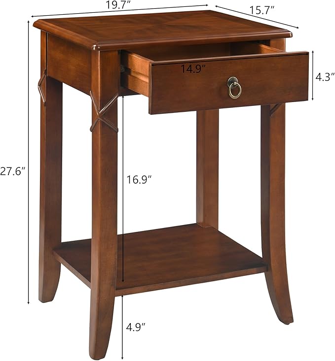 Solid Wood End Table with Drawer, Beside Table, Nightstand, Mid-Century Modern Funiture with Storage Shelf, 19.7" x 15.7" x 27.6" High Living Room Side Table with Wood Frame, Cherry Walnut GBJ-DR200