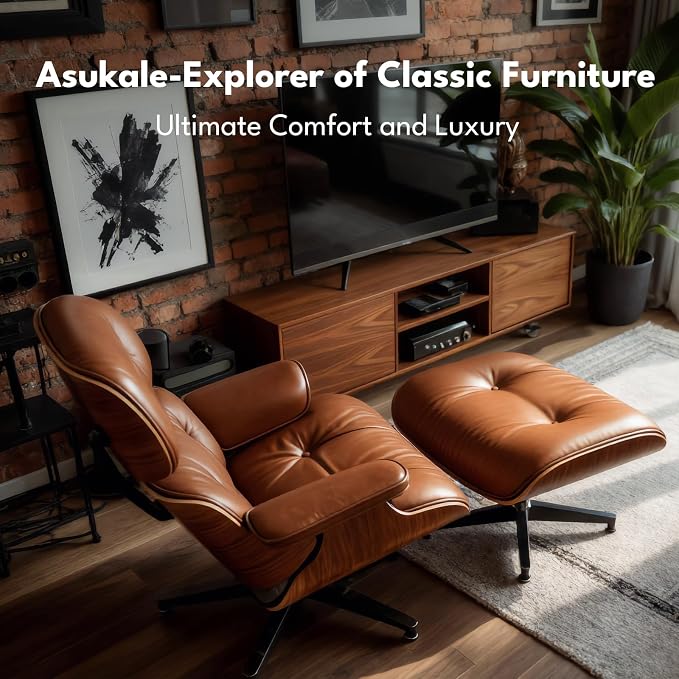 Top Grain Leather, Mid Century Chaise Lounge Chair and Ottoman, Reading Chair, Leather Accent Chair, Modern Chair, Classic Design, Heavy Duty Base Support for Living Room Lounge Office, Walnut-Brown