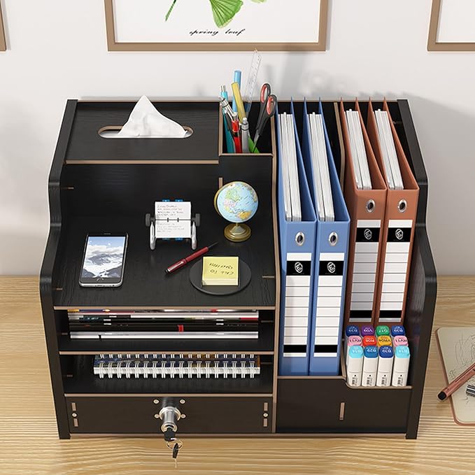 Bamboo Desk Organizer, Desktop Wood Bookshelf File Organizer, Pen Holder and Tissue Holder, 1 Drawer with lock for Office, Home, Need to Install (Light black)