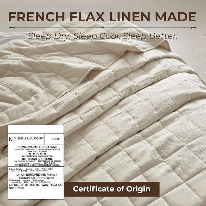 Powdion French Linen Quilt King, Pre-Washed Linen Front and Cotton Back European Comforter, Lightweight Breathable Cotton Quilt King Size for All Season, 3 Pcs Box Stitch Beige King Quilt