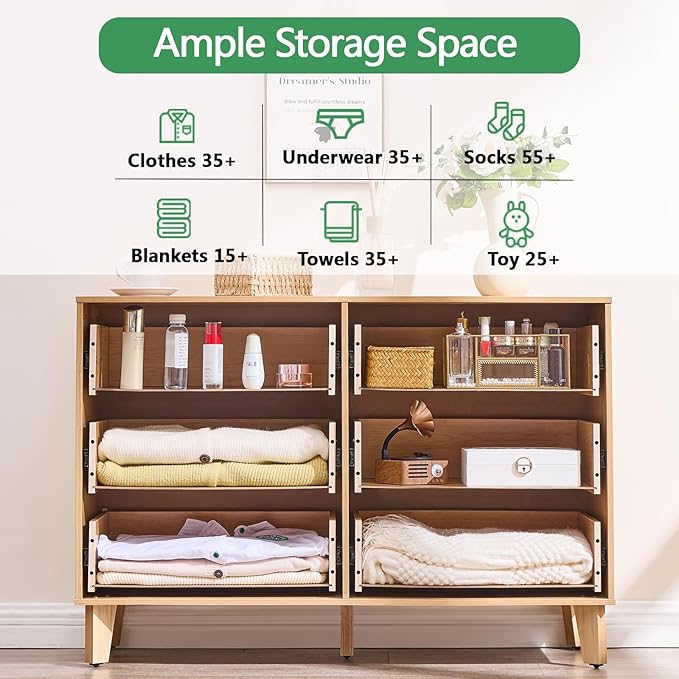 Dresser for Bedroom with 6 Drawers – Wide Chest of Drawers with Pulls Handles, Solid Wood Legs, Easy Assembly, Farmhouse Tall Dressers for Closet, Living Room,Hallway and Entryway Oak