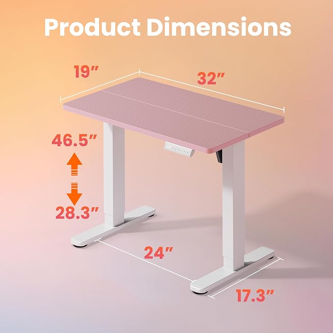 HUANUO 32" Small Electric Standing Desk Adjustable Height, 4 Memory Height Settings, Sit Stand Up Desk for Home Office & Computer Workstation, Pink