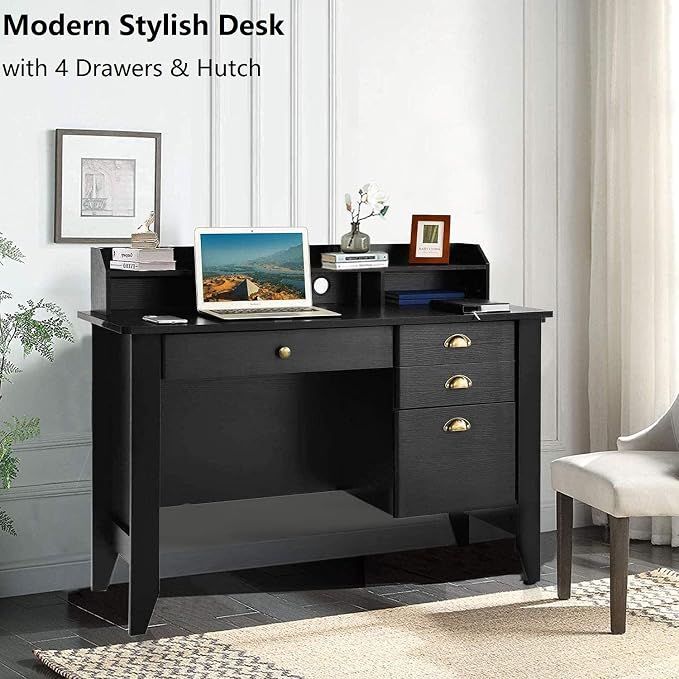 4EVERWINNER Computer Desk with 4 Drawers and Extra Storage Hutch, Wooden Grain Vintage Executive Desk Modern Style Work Office Desk for Bedrooms Laptop Study Writing Table for Small Spaces, Black