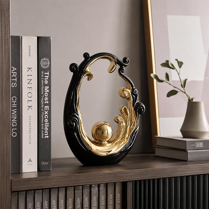 Abstract Ceramic Sculpture, Black and Gold Modern Tabletop Statue Wave-Inspired, for Home Decor, Decorative Accent for Shelf, Mantel, Coffee Table, Console or Entryway