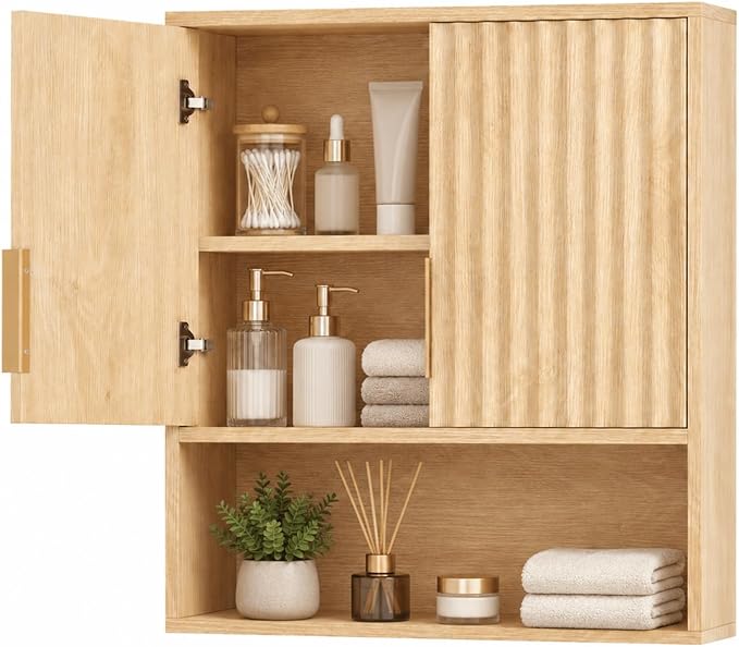 VINGLI Bathroom Wall Cabinet with Fluted Doors, Natural Oak Wall Mounted Medicine Cabinet with Adjustable Shelf, Over The Toilet Storage Cabinet for Bathroom, Kitchen & Laundry Room