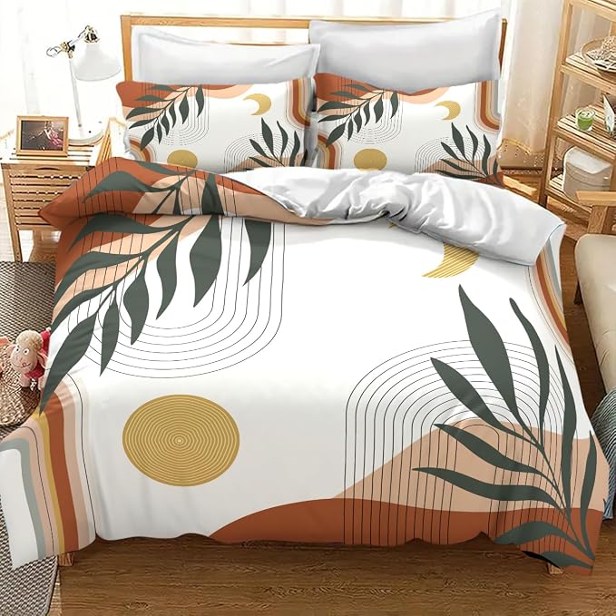 Boho Leaf Bedding Set,Mid Century Palm Tropical Leaf Abstract Geometric Modern Minimalism Comforter Set with Pillowcase for Bedroom Bed Decor,King 102"x90"
