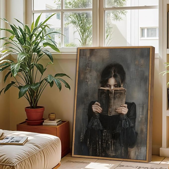 WALLZK Vintage Framed Wall Art Lady Reading Canvas Prints Dark Academia Moody Victorian Decor Pictures Artwork for Walls Living Room Study Bedroom Bathroom 16"x24"