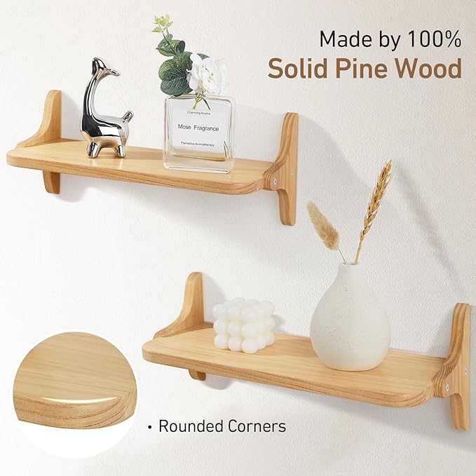 Wooden Floating Shelves for Wall, 15.7" W x 5" D x 0.6" H Large Wall Shelves, Hanging Storage Shelf with Sturdy Brackets for Living Room, Kitchen, Bathroom, Bedroom Decor, Natural, 3 Packs