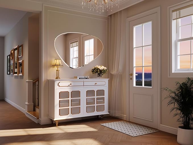 Frameless Asymmetrical Beveled Wall Mirror, 28"x40" Irregular Frameless Bathroom Oval Wall Mirrors, Abstract Wavy Mirror for Over Sink, Bedroom, Living Room, Hung Horizontally or Vertically
