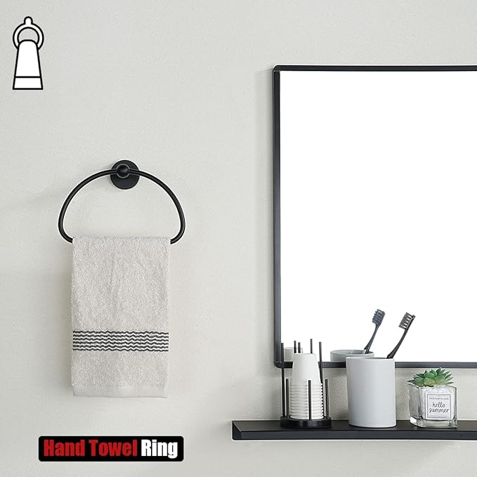 JQK Towel Ring Matte Black, Stainless Steel Half Ring Towel Holder for Bathroom, 7 Inch Brushed Finished Wall Mount, TR160-PB