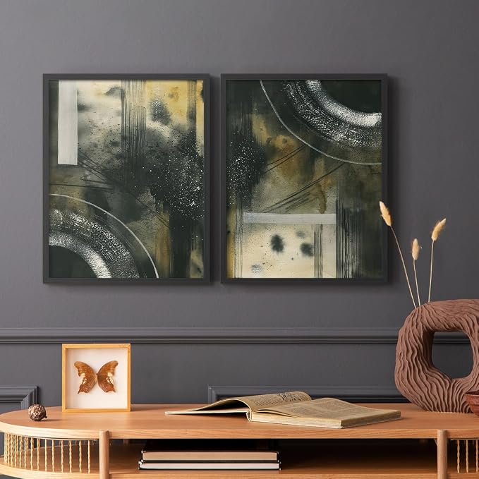 Renditions Gallery Set of 2 Peel & Stick Framed Prints, Moody Abstract Wall Art, Circular and Splattered Effects Wall Decor, Re-Stickable - Ready to Hang - 16"x20" - Black Frame LT588