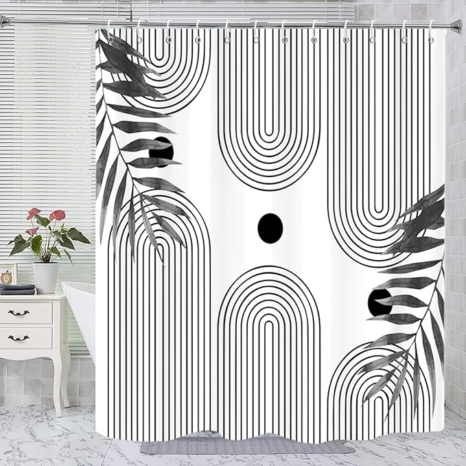 Boho Mid Century Modern Shower Curtain, Abstract Arch Leaf Minimalist Sun Black and White Machine Washable Waterproof Fabric for Bathroom Decor Bathtub with Hooks 60Wx72H