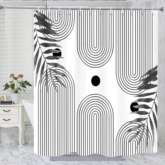Boho Mid Century Modern Shower Curtain, Abstract Arch Leaf Minimalist Sun Black and White Machine Washable Waterproof Fabric for Bathroom Decor Bathtub with Hooks 60Wx72H