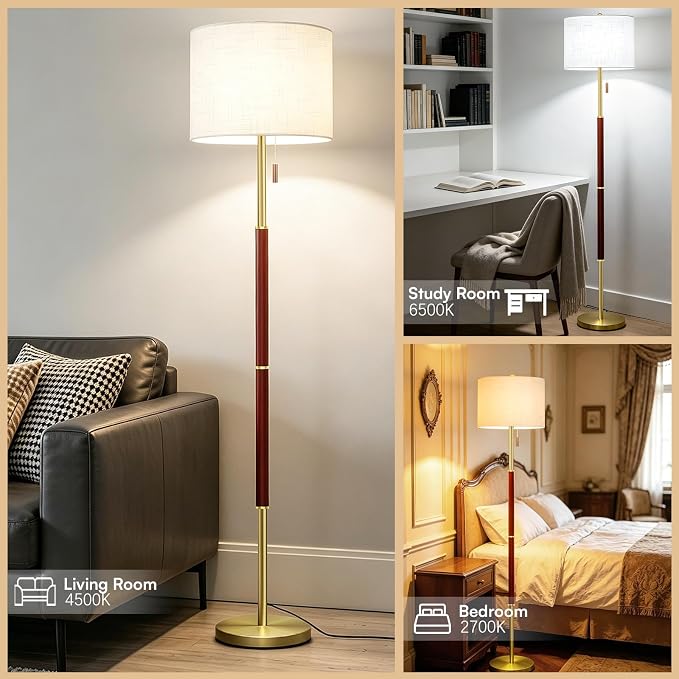 62" Mid Century Modern Floor Lamp,Burgundy Standing Lamp with 3-Color Temperature and Pull Chain, Weighted Anti-Tip Base for Safety, Floor Lamps for Living Room Bedroom Corner (6500K Bulb Included)