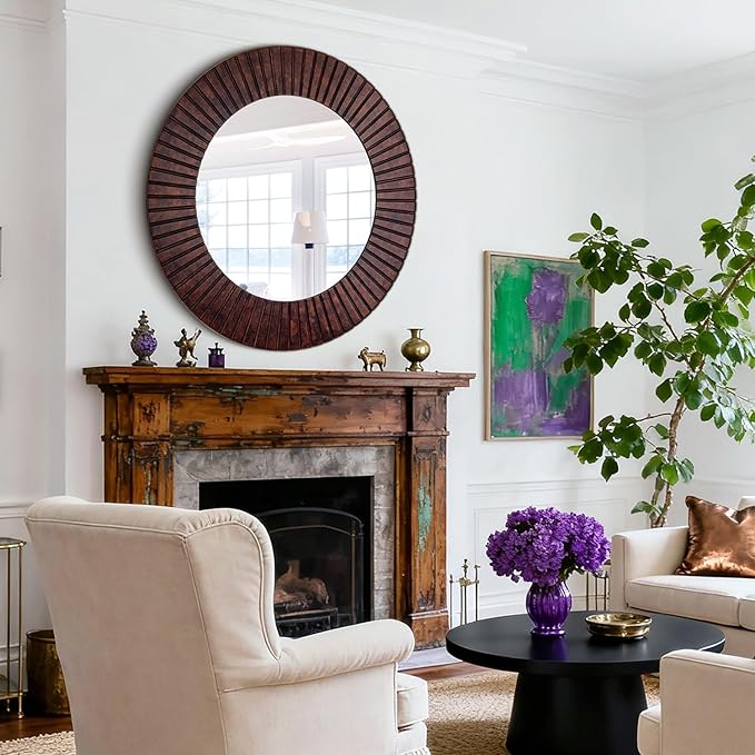 Chende 42'' Large Circle Mirror with Wood Frame, Decorative Mirror for Living Room, Farmhouse Bathroom Mirrors with Bronze Groove Finish for Entryway, Bedroom