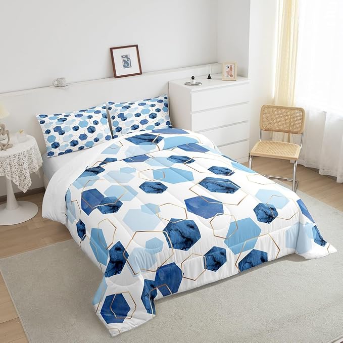 Erosebridal Hexagon Comforter Set King Navy Blue Bedding Set, Watercolor Honeycomb Bedding Comforter Sets Abstract Tie Dye Duvet Sets, Luxury Gold Hexagon Quilted Comforter Microfiber
