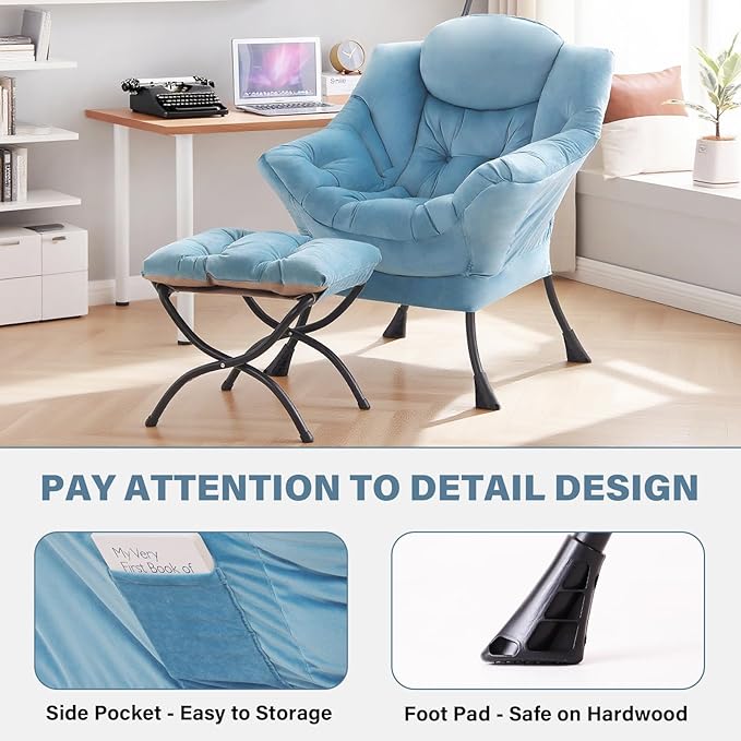 Tiita Lazy Chair with Ottoman, Blue Chiars Modern Large Accent Armchair, Comfy Leisure Sofa Reading Chair with Footrest for Bedroom, Living Room, Dorm Rooms, Garden, Velvet Light Blue