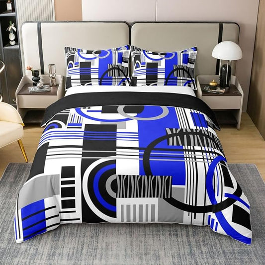 Art Deco Mid Century Duvet Cover Set Retro Modern Abstract Geometric 100% Cotton Comforter Cover Black and White Navy Blue Circles Stripes Twin Bedding Sets for Girls, Contemporary Bed Set