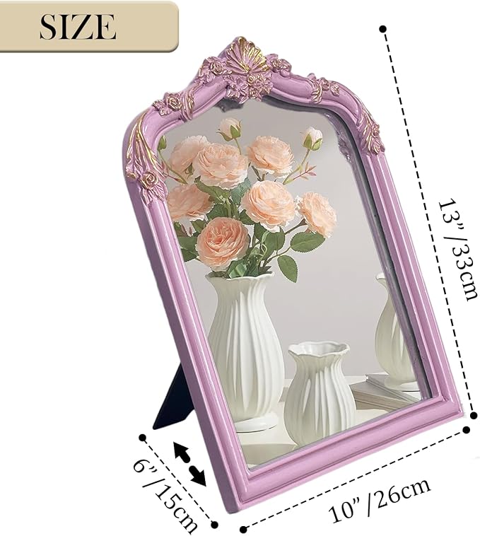 Pink Flower Bow Mirror - 13x10 Inch Elegant Decorative Accent, Wall-Mounted & Tabletop Makeup Mirror for Bedroom Interior Decor