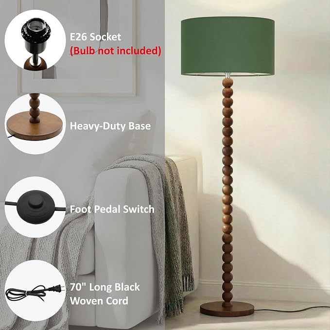 Buruis 61" Beaded Wood Floor Lamp with 17.2" Large Linen Shade, Retro Mid-Century Accent Walnut Finish Standing Lamp for Living Room, Bedroom, Office, Corner, UL Listed, Bulb Not Included, Green