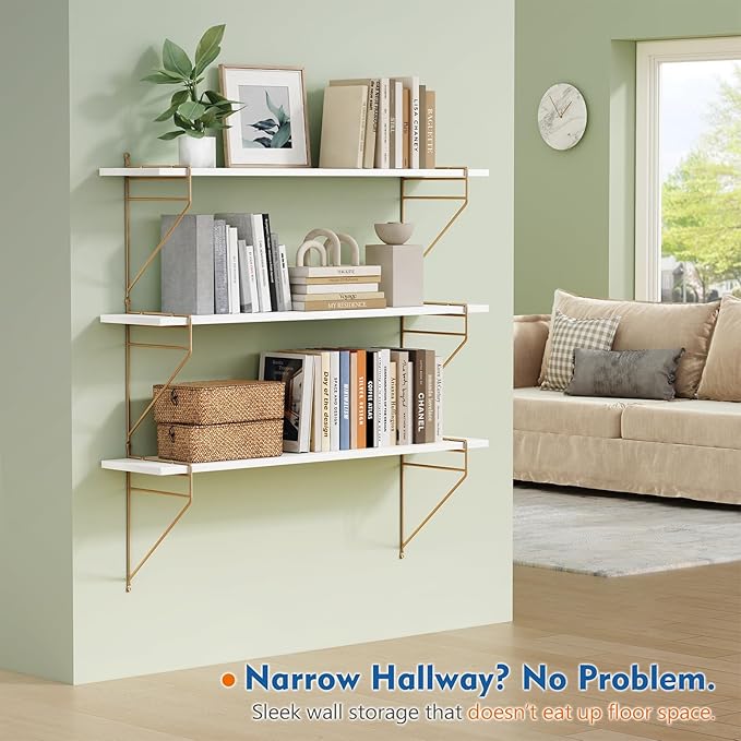 Harwaya White and Gold Floating Shelves 36 Inch Long, Wall Shelves for Bedroom Books, Modern Wall Hanging Bookshelf Unit for Living Room Office Kitchen Bathroom Decor - Set of 3