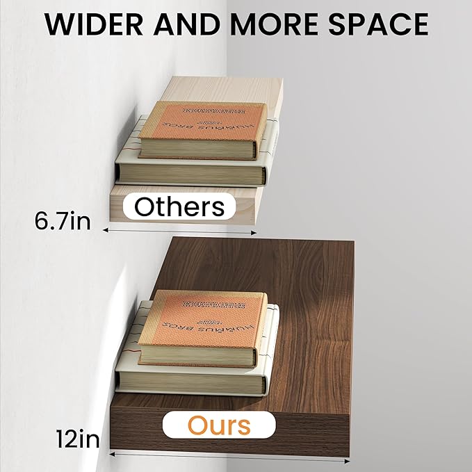 30Inch Walnut Floating Shelves for Wall, 12 Inch Deep Shelves for Bedroom, Kitchen, Bathroom Wall Mounted, Rustic Wood Floating Shelf with Invisible Brackets for Books, Storage, Decor, 2 Packs