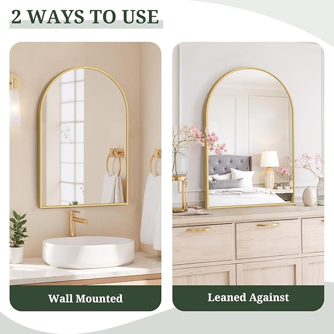 Arched Wall Mirror 36x24 Inch Gold Bathroom Vanity Mirror with Metal Frame, Modern Arch Mirror for Bedroom, Living Room, Entryway, Wall Mounted Decorative Mirror