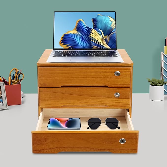 Desktop File Organizer with Lock, 2/3/4 Tier Multi-Drawer Wooden Storage Cabinet, Office Supply Organizer for Home Desk, Study & Workplace (Brown, 3 Layers)