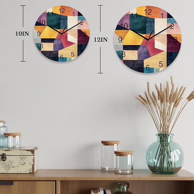 Impressionist Style Wall Clock Battery Operated Non-Ticking 12" Round Wood Clocks, Modern Colored Color Block Kitchen Wall Clock for School Bathroom Living Room Home Office Wall Decor