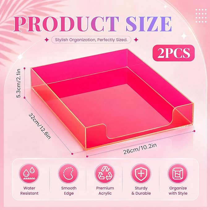 Maxcheck 2 Pcs 12.6 x 10.2 x 2.1'' Acrylic Letter Tray Organizer Stackable Desk Paper Tray with Non Slip Rubber for Office Accessories Desk File Document Folder (Neon Pink)