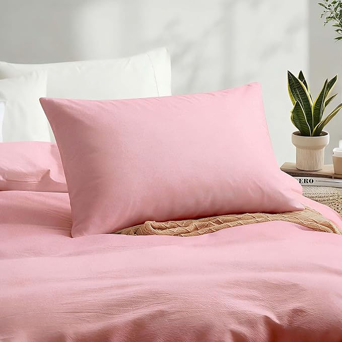 LOVQUE Pink Cotton Duvet Cover Twin Size, Linen Like Natural Bedding Set with Zipper Closure (No Comforter), 68x90 Inches
