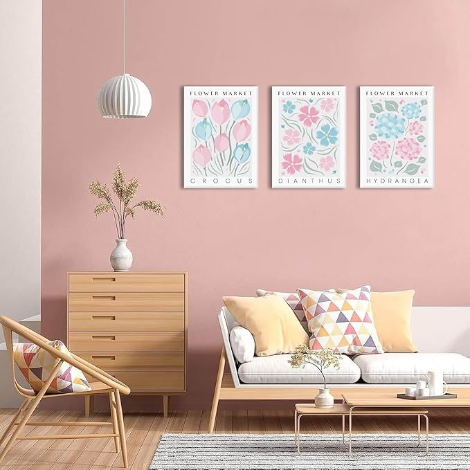 BingruiArt Flower Market Wall Art Pink and Blue Canvas Boho Floral Wall Decor Botanical College Coquette Girly Preppy Posters Prints Pictures for Apartment Batroom Bedroom Dorm Room 3Pcs 16"x24" Framed