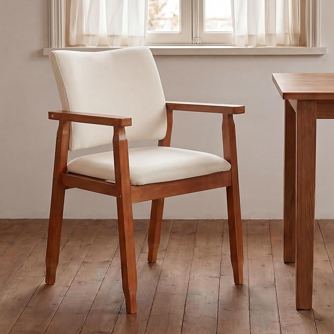 Mid Century Modern Walnut Dining Chairs Wood Arm Beige Fabric Kitchen Cafe Living Room Decor Furniture