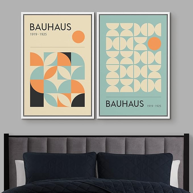 IDEA4WALL Framed Canvas Print Wall Art Set Bauhaus Geometric Blue Orange Polygon Collage Abstract Shapes Illustrations Modern Art Decorative for Living Room, Bedroom, Office - 16"x24"x2 White