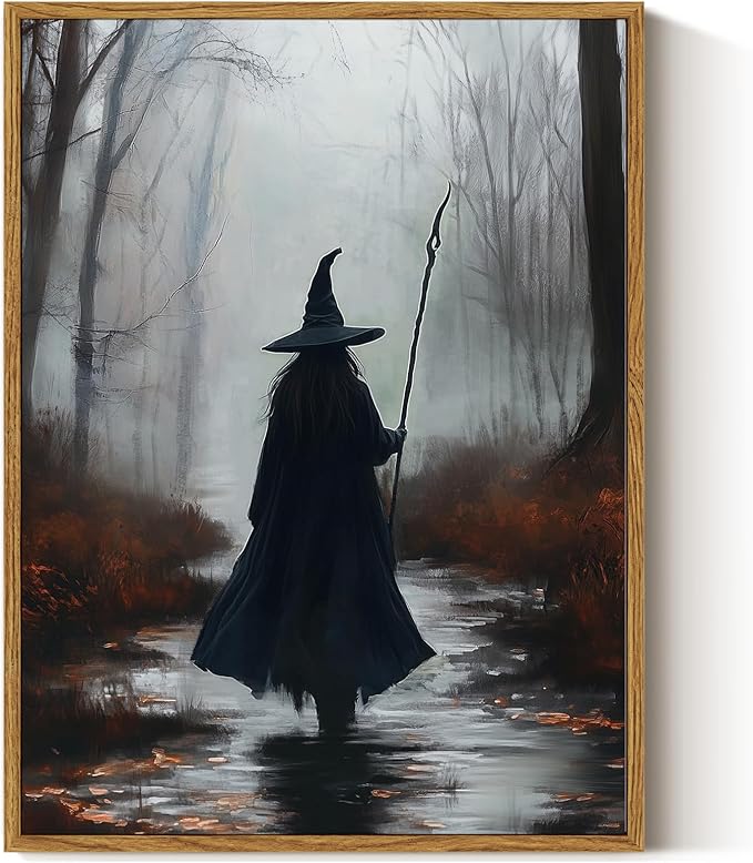 ARPEOTCY Vintage Framed Canvas Wall Art, 12x16 Inch Spooky Witch Halloween Wall Art for Living Room Bedroom Gallery, Dark Academia Bathroom Wall Art Decor Aesthetic