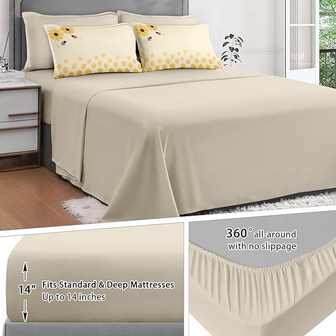 7Pcs Comforter Set Full Size, Honey Bee Themed Yellow Sunflower, Bedding Decor Cute Daisy Flower Bumble Honeycomb Bedroom Bed Set Flat Sheet Fitted Sheet Pillowcases Shams for Kids and Adults