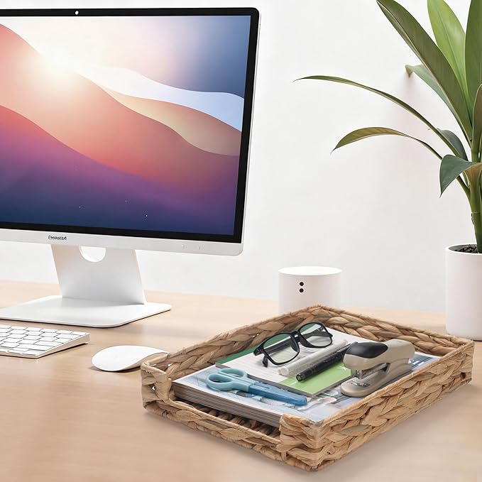 Water Hyacinth Letter Tray, Wicker Desk Tray, Woven Desk Organizer, A4 Paper, Document, File, Mail, Magazine Storage Basket for Office, Classroom, Home Desktop