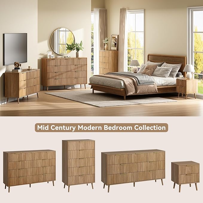 CARPETNAL Fluted Dresser and Nightstand Sets for Bedroom, 3 Pcs Bedroom Set, 9-Drawer Dresser & 2-Drawer Nightstand Set of 2, Modern Wood Chest of Drawers for Living Room, Entryway, Walnut