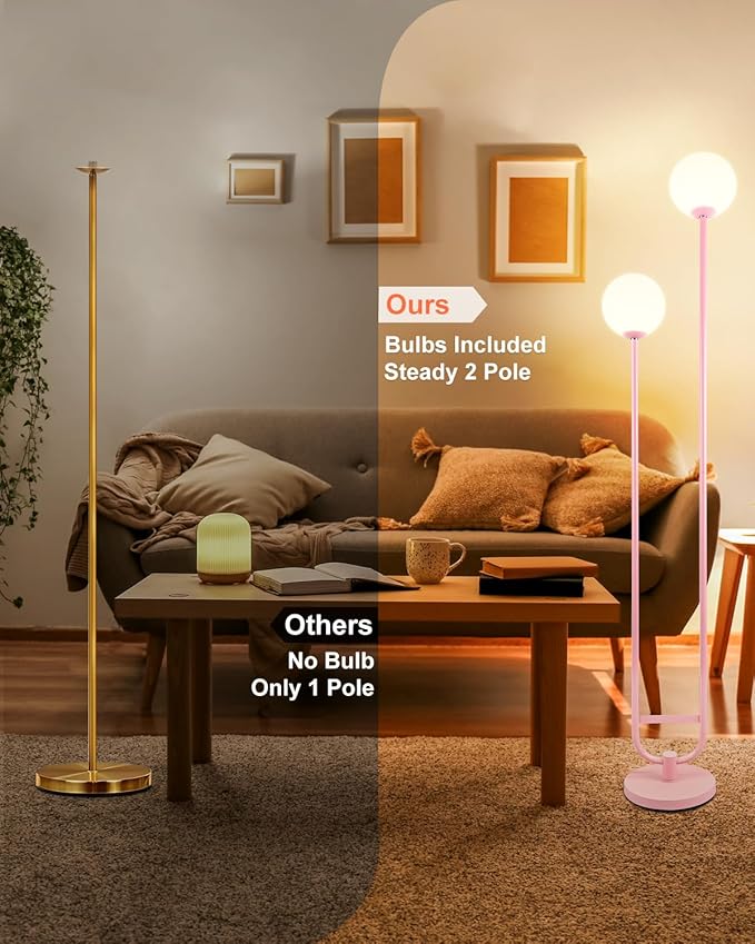 Lightdot 63IN Pink Floor Lamp, Modern Mid Century Globe Standing Lamps with 3000K LED Bulbs Included Candle Holder Style Unique Vintage Tall Floor Lamp for Living Room/Wedding/Sofa Beside/Corner Decor
