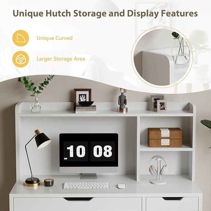 MaverickFurni White Desk with Hutch and Drawers, 53 Inch Computer Desk with Storage File Drawer, White Study Desk with 4 Drawers for Bedroom, Small Space