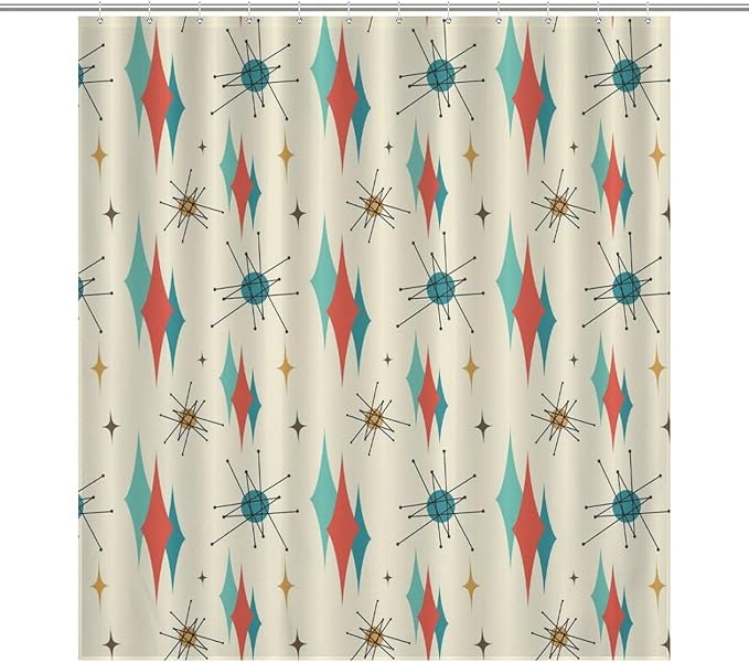 Mid Century Modern Shower Curtain,Retro Abstract Atomic Starburst Geometric Diamond Pattern Shower Curtains Set for Bathroom Fabric Decorative Bath Curtain Washable Curtain Hooks, 72x72 inch