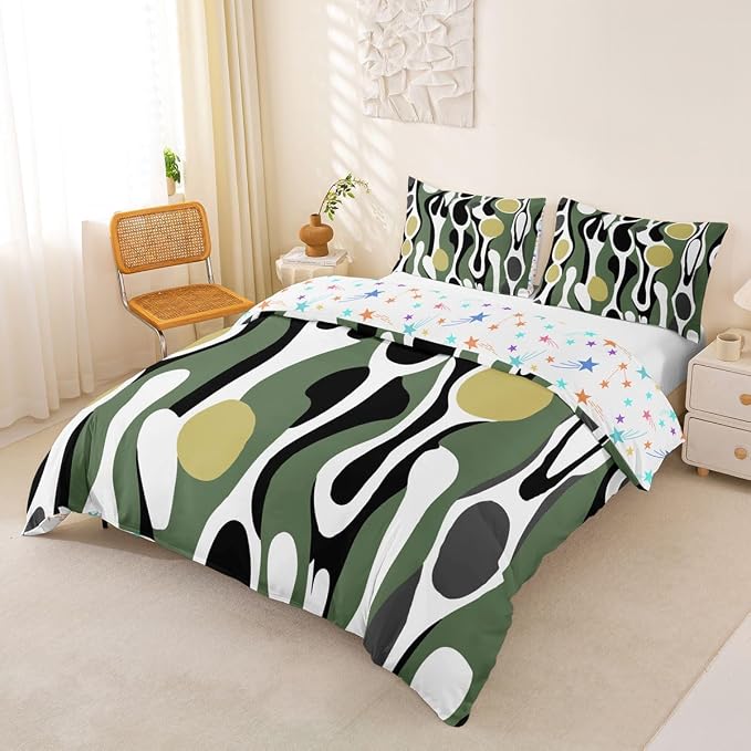 Erosebridal Organic Abstract Duvet Cover Set Modern Contemporary Twin Bedding Sets for Girls Tween Boys Boho Mid Century Wavy Lines Comforter Cover Retro Geometric Bed Set,Olive Green Khaki