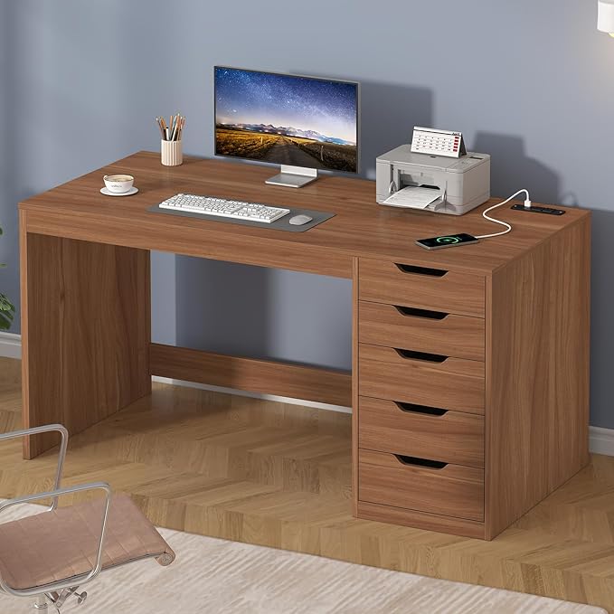 YOMILUVE 47 Inch Computer Desk with 5 Drawers and Power Outlets, Home Office Desks with Storage File Cabinet, Modern Simple Laptop Desk Writing Table for Small Spaces, Brown