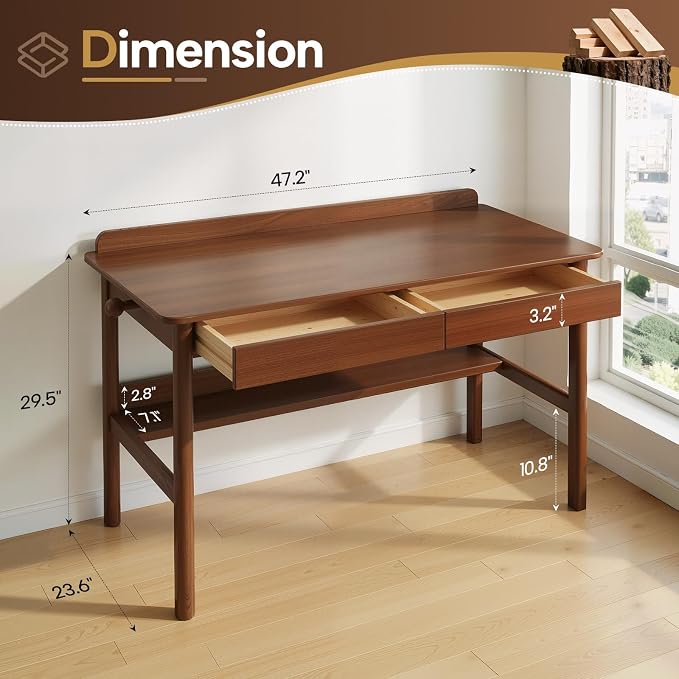 Solid Wood Study Desk & Home Office Writing Table with Drawers, 47" Vintage Mid Century Modern Computer Desk, Home Office Workstation for Bedroom, Small Spaces, Apartment(Walnut,47.2 Inch Wide)