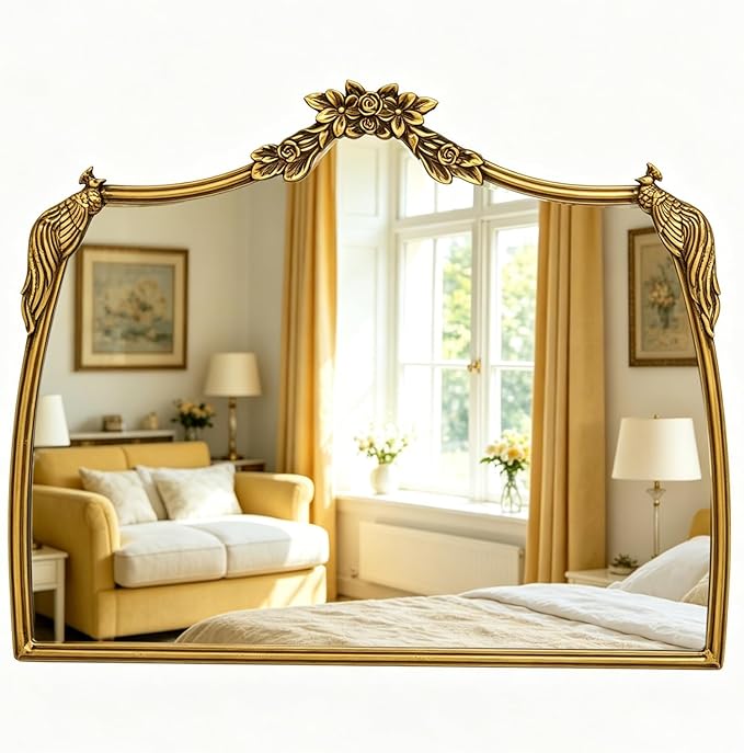 Gold Baroque Mirror Antique 19x24 Inches - Vintage Arched Mirror with Ornate Gold Frame for Entryway, Narrow Hallway & Bathroom Wall Decor
