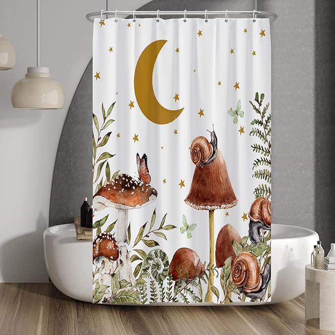 Baocicco Mushroom Shower Curtain Cute Retro Mushrooms Butterfly Snails Botanical Moon Stars Shower Curtains Decorative for Bathroom Waterproof Fabric Shower Curtain with Hooks 48x72 Inches