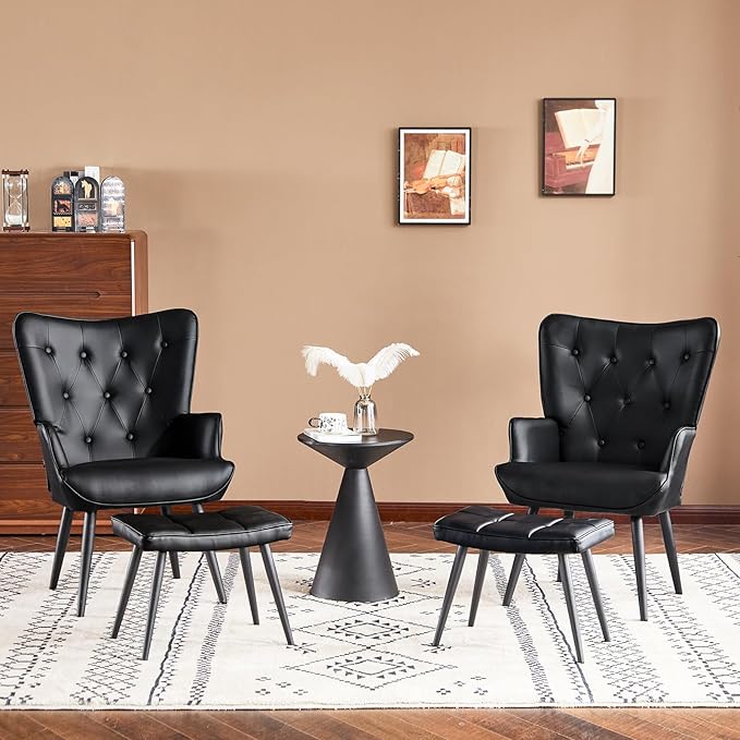 Furniliving PU Leather Accent Chair with Ottoman, Upholstered Reading Chair with High Backrest, Tufted-Button Wingback Armchair for Bedroom, Dressing Room, Home Office, Black