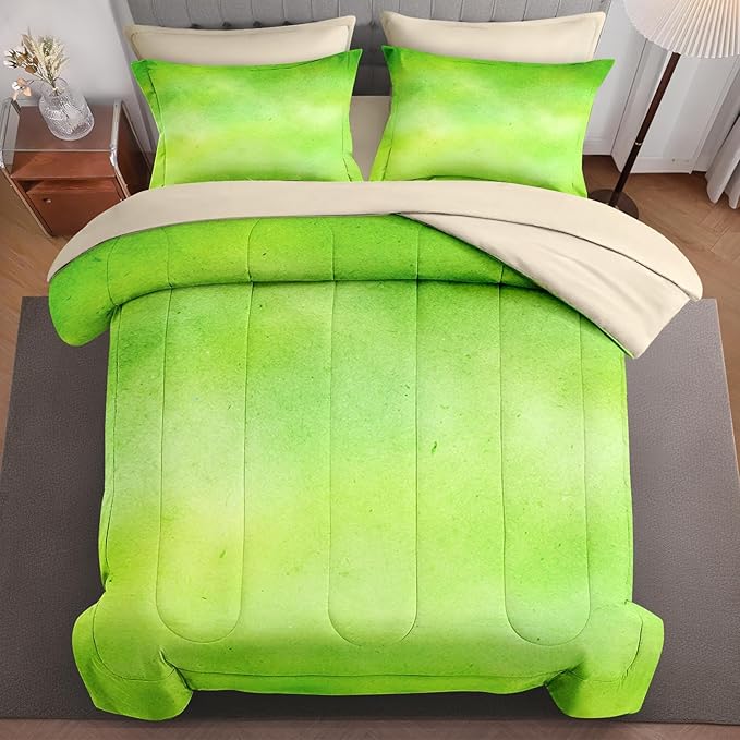 7Pcs Comforter Set King Size, Modern Lime Green Lemon, Bedding Decor Watercolor Pastel Dye Stained Abstract Bedroom Bed Set with Flat Sheet Fitted Sheet Pillowcases Shams for Kids and Adults
